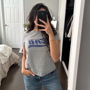 TNA Aritzia Gray Short Sleeve Graphic Tee with Blue Logo